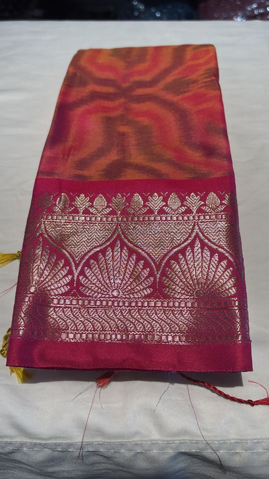 Alluring Orange Color With Pink Color Border Pochampally Ikkat Fabric Saree With Zari Work For Women