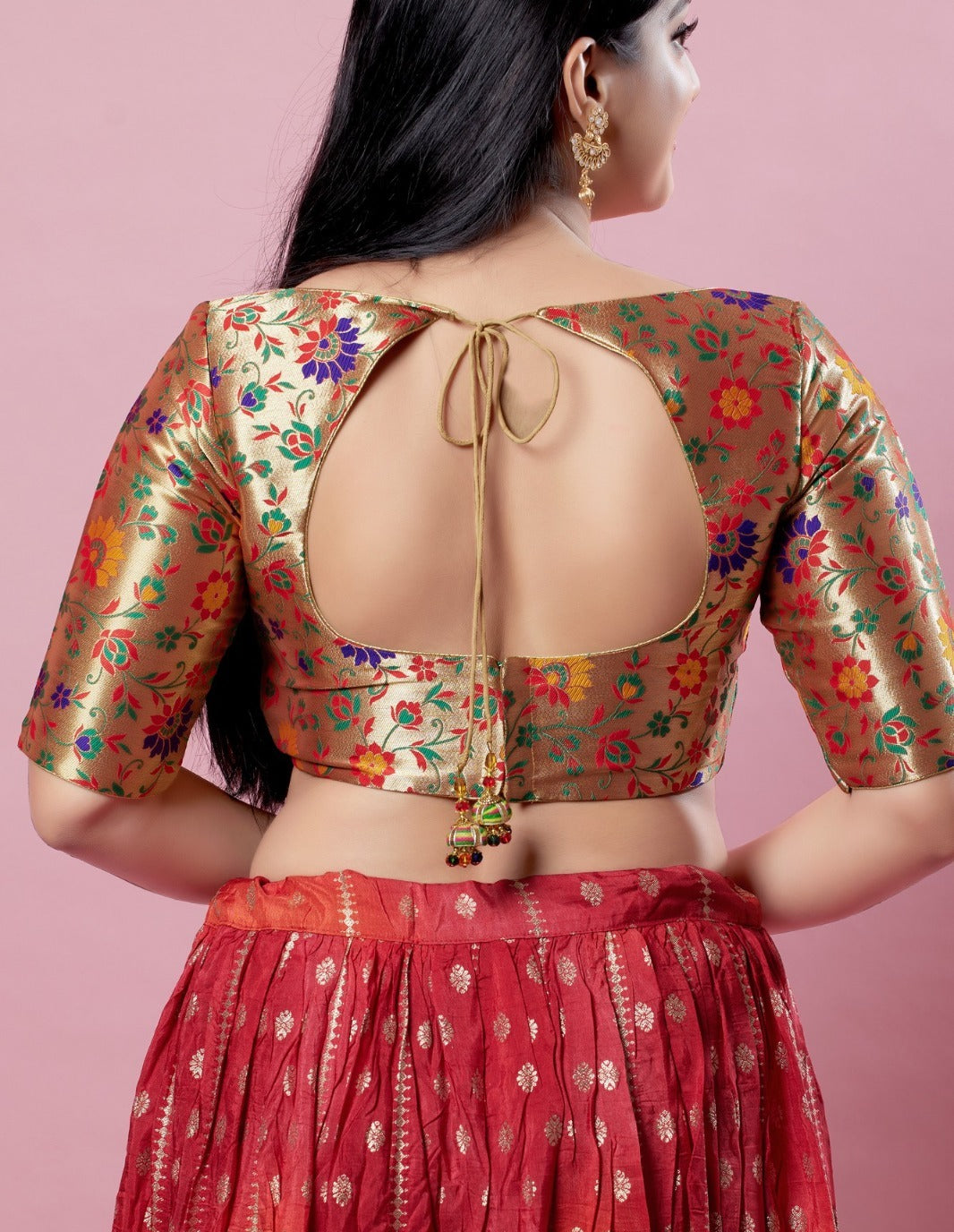 Dazzling Gold Multi Padded Back Open Blouse With Floral Design For Women Near Me