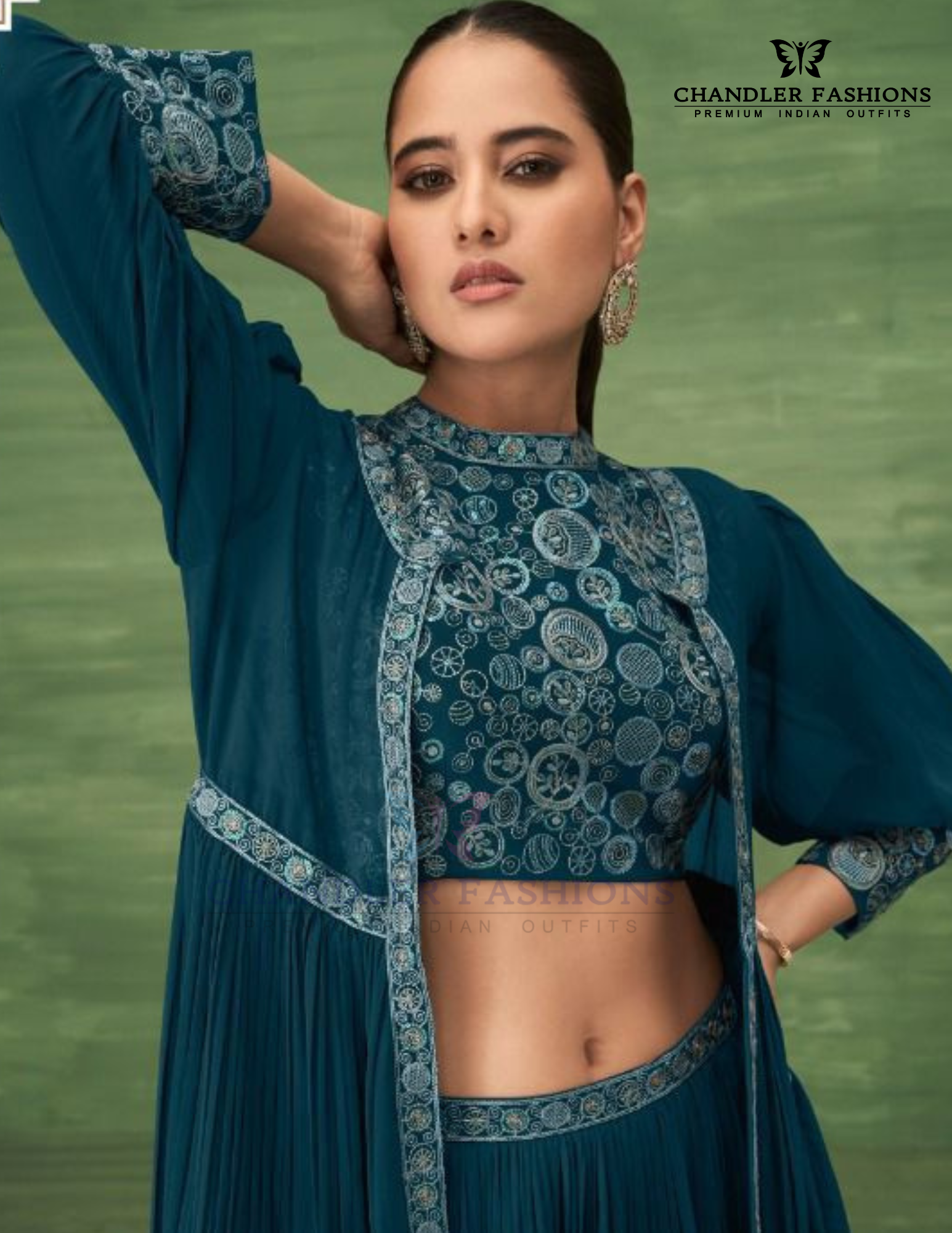 Teal Blue Color Chinon Indo Western Lehenga Choli Near Me