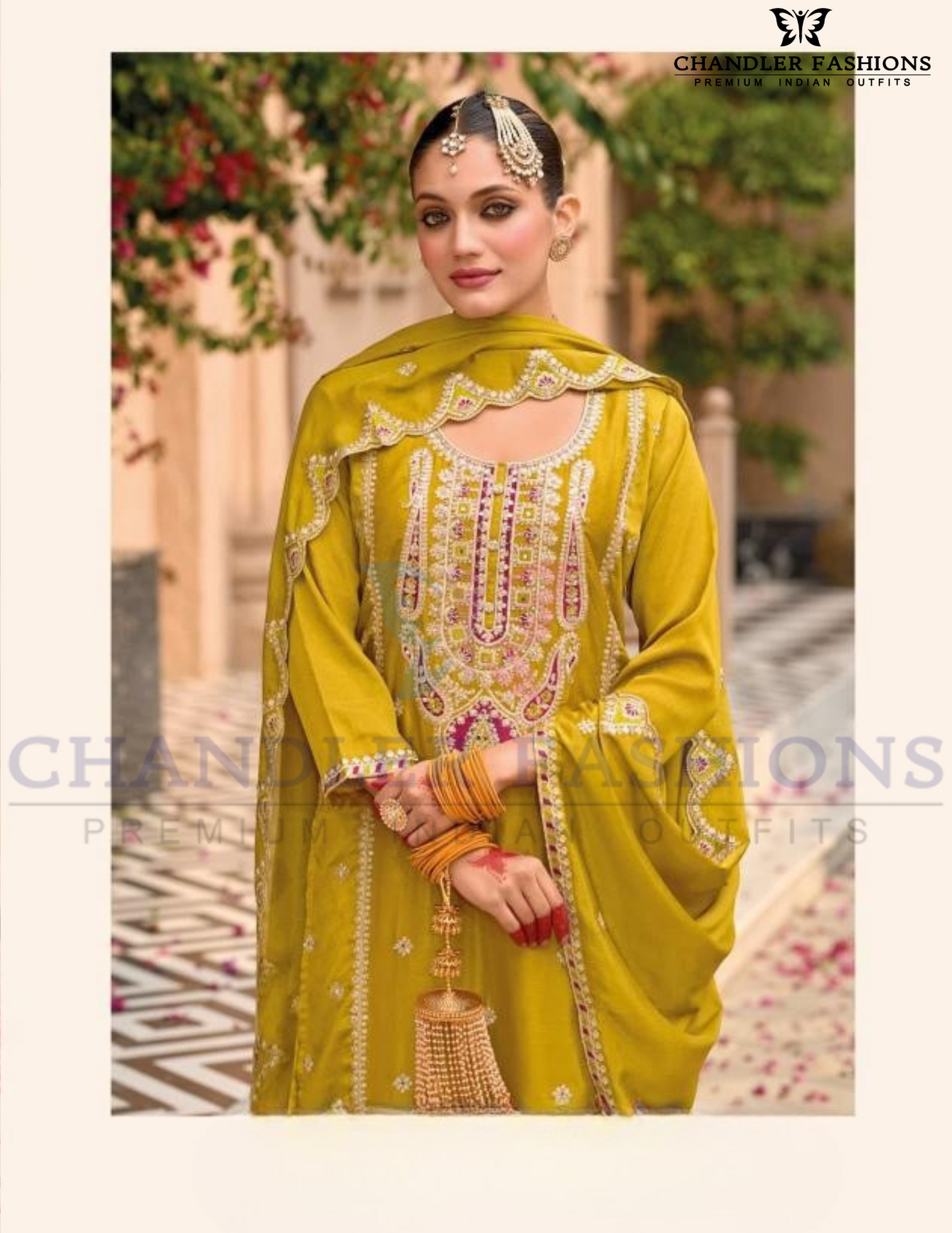 Delightful Mustard Yellow&nbsp;Color Chinon With Embroidery Work Palazzo Suits Near Me