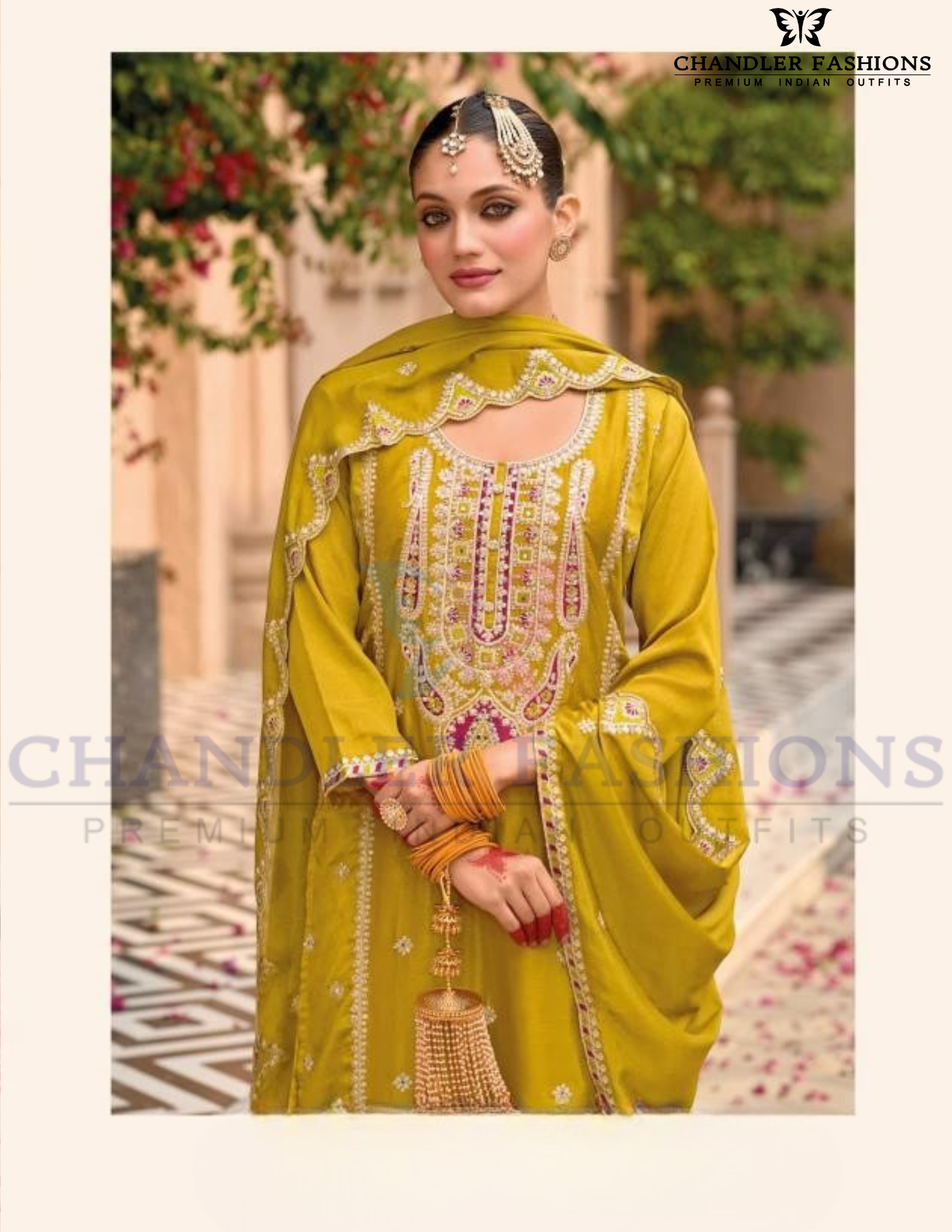 Delightful Mustard Yellow&nbsp;Color Chinon With Embroidery Work Palazzo Suits Near Me
