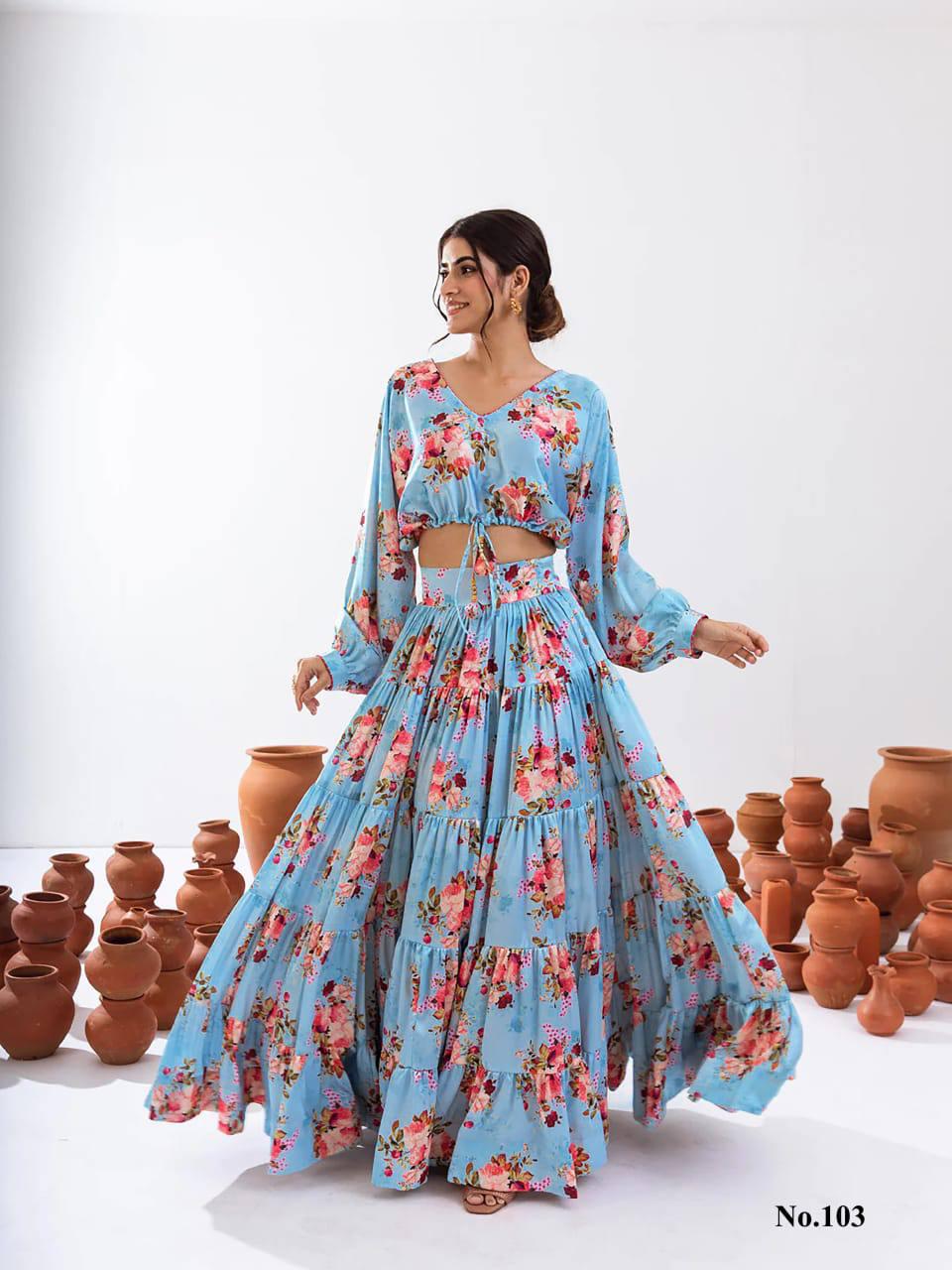 Floral Printed Tier Lehenga With Crop Top In USA