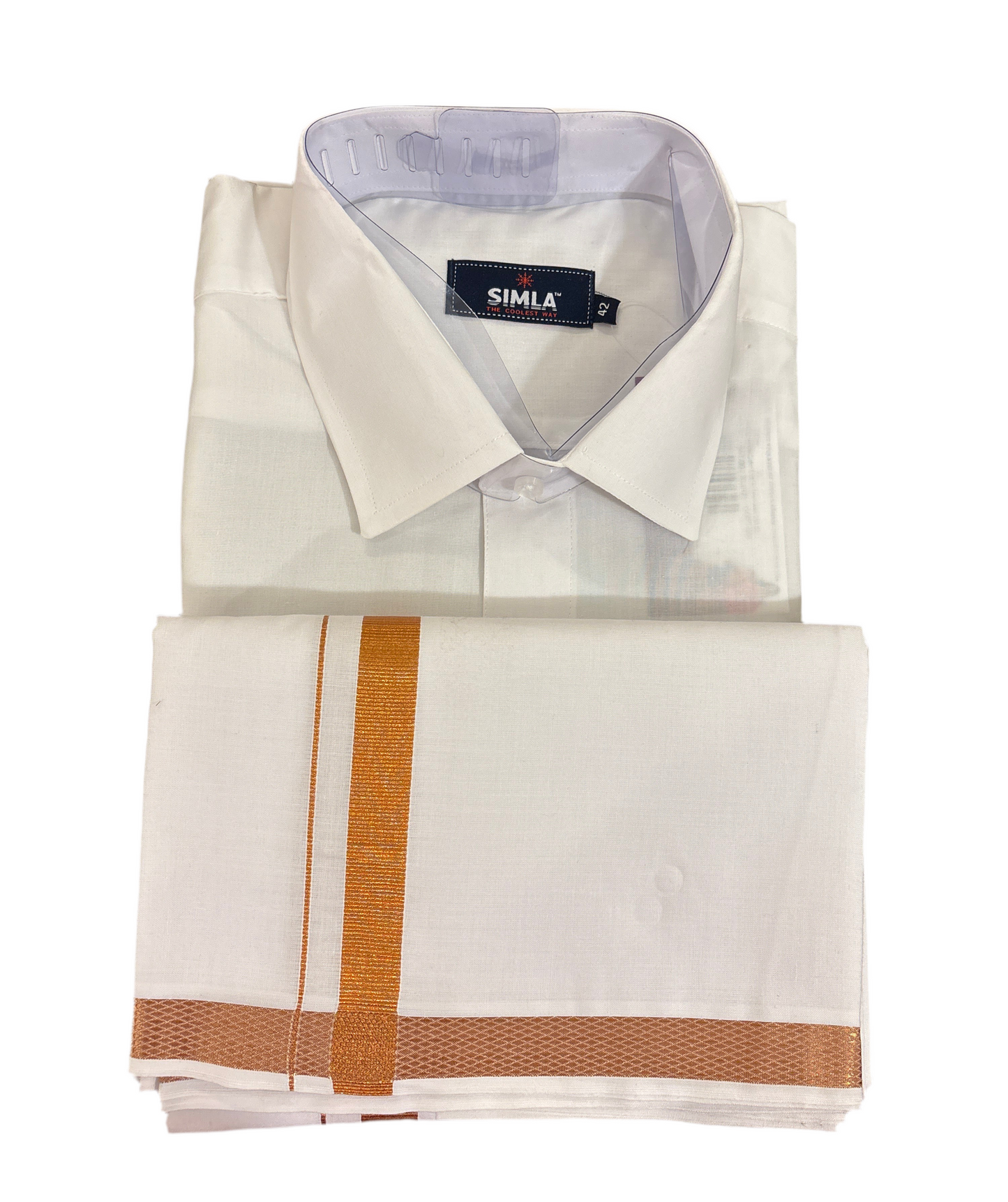 Gorgeous White Color Cotton Shirt And Copper Border Dhoti Set For Men