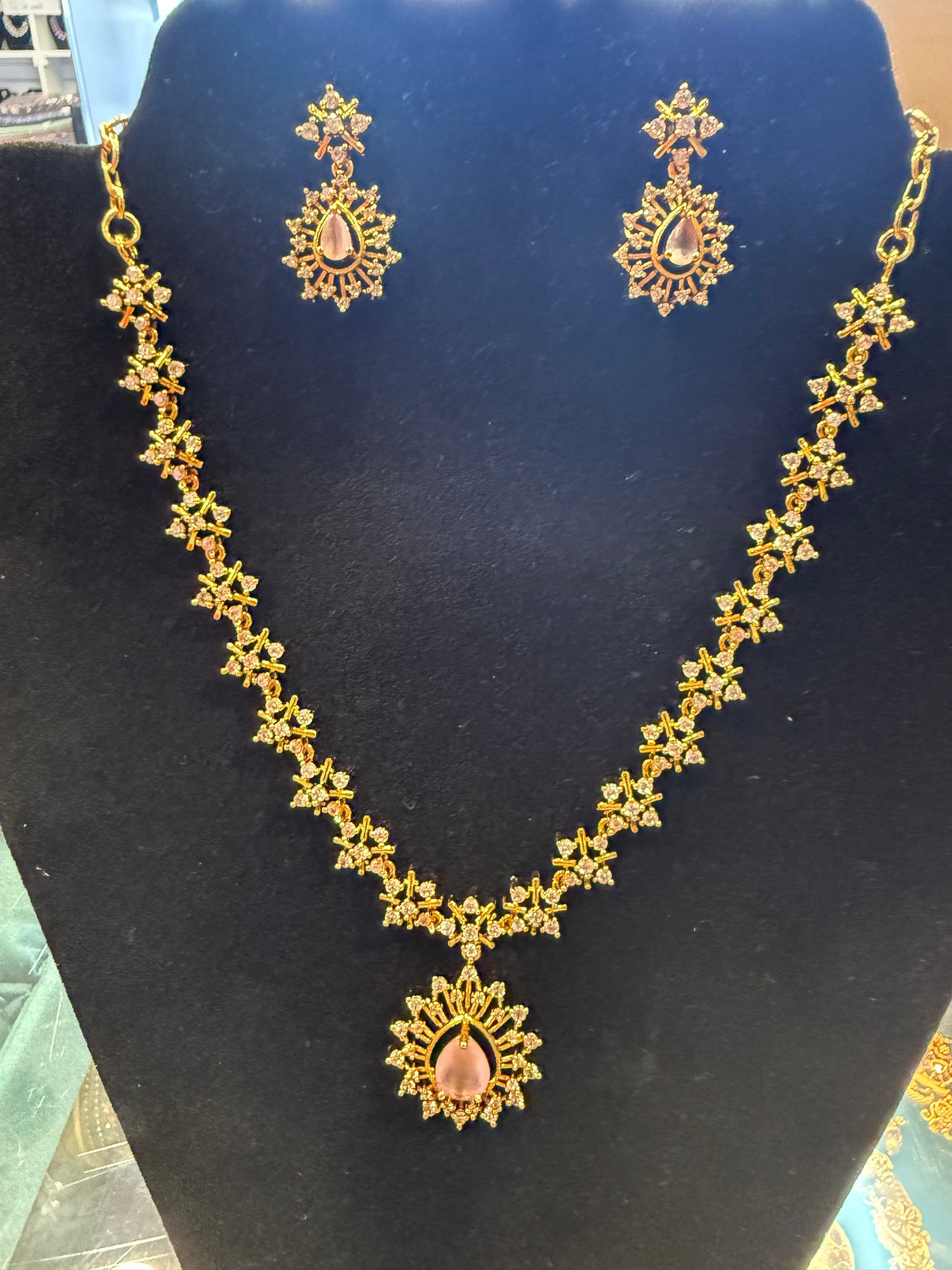 Stunning Pink Stones Gold Plated Necklace With Earrings For Women