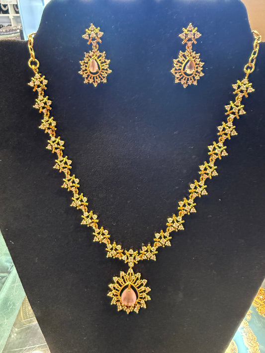 Stunning Pink And White Stones Studded Gold Plated Necklace With Earrings Set