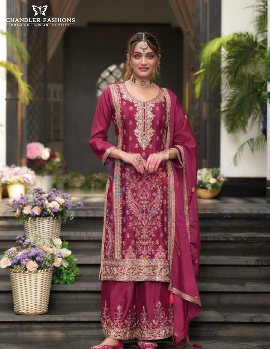 Gorgeous Dark Pink Color Chinon With Embroidery Work Palazzo Suits For Women