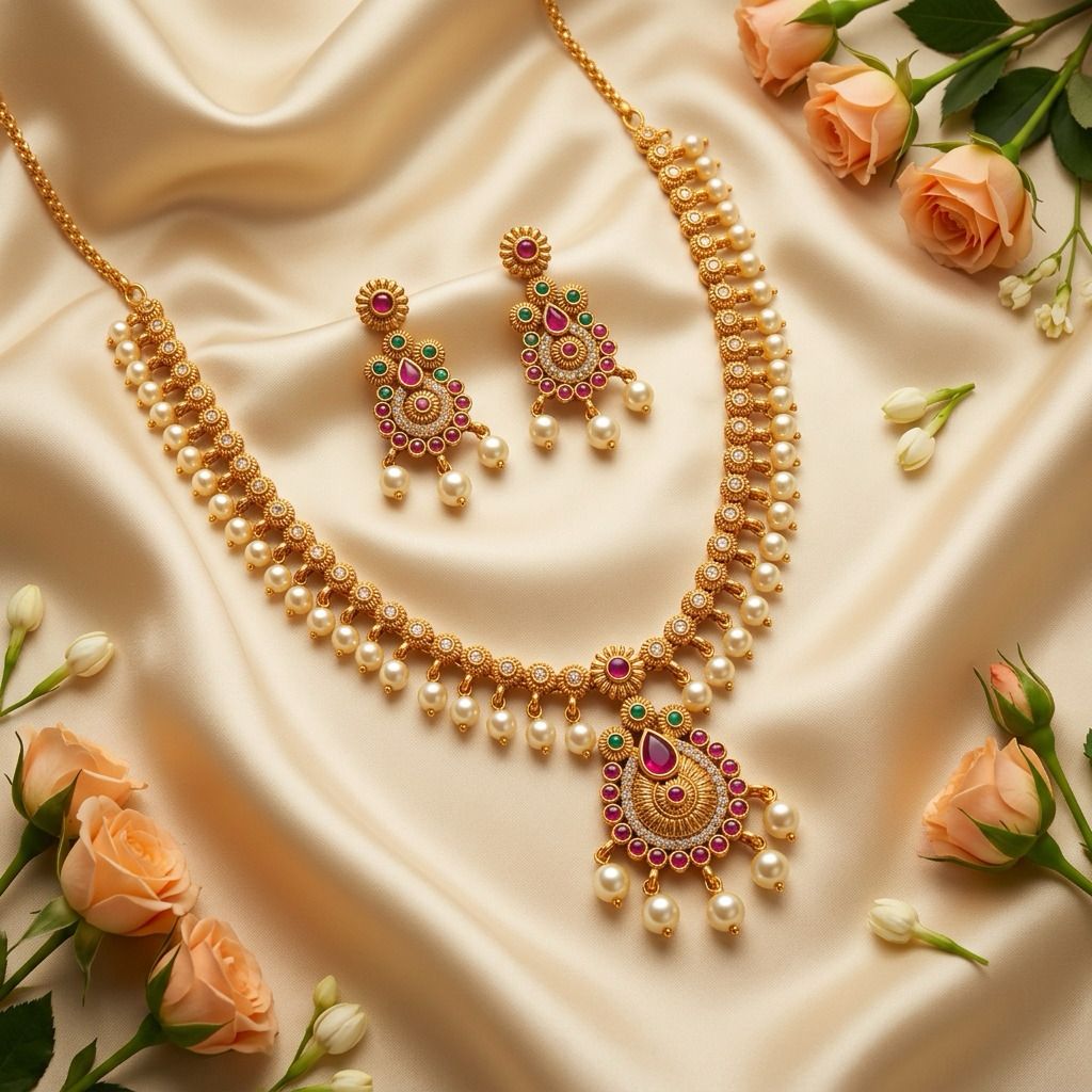 Dazzling Pink Stones With Pearl Hangings Gold Plated Necklace With Earrings For Women