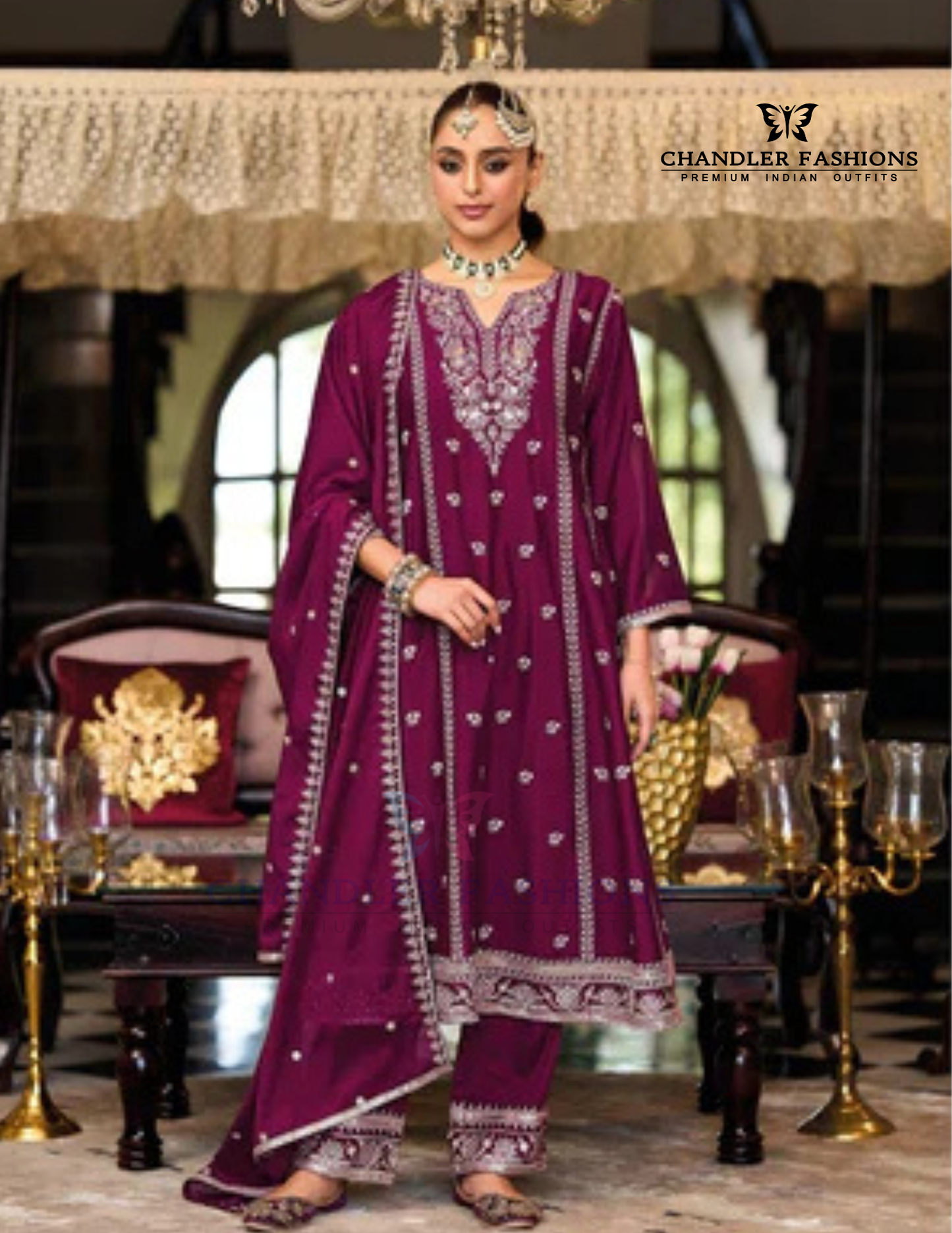 Beautiful Wine Color Heavy Chinon Salwar Suits With Embroidery Work For Women