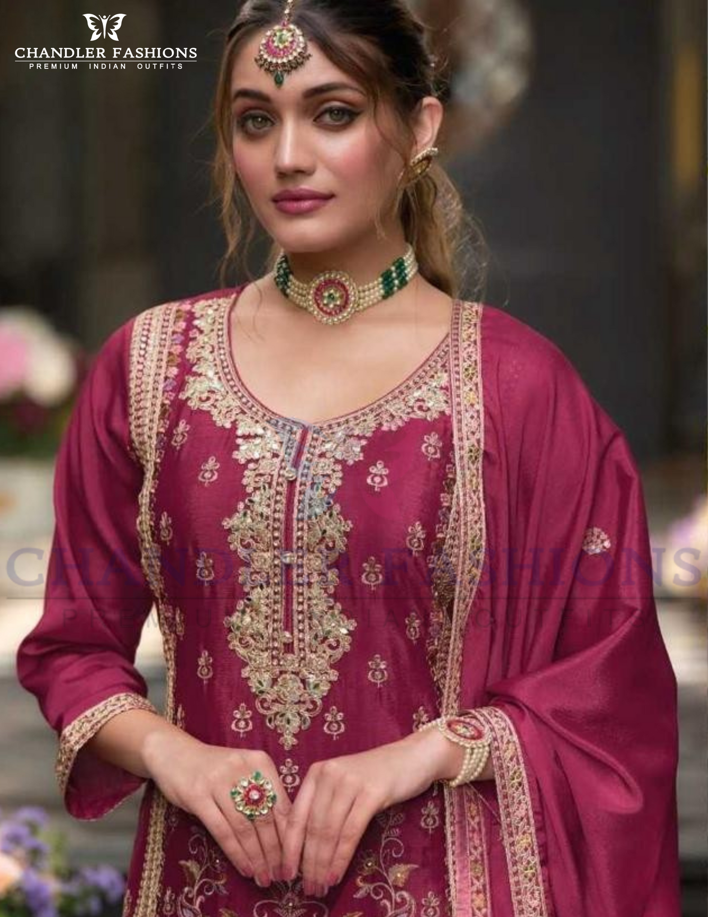 Gorgeous Dark Pink Color Chinon With Embroidery Work Palazzo Suits Near Me