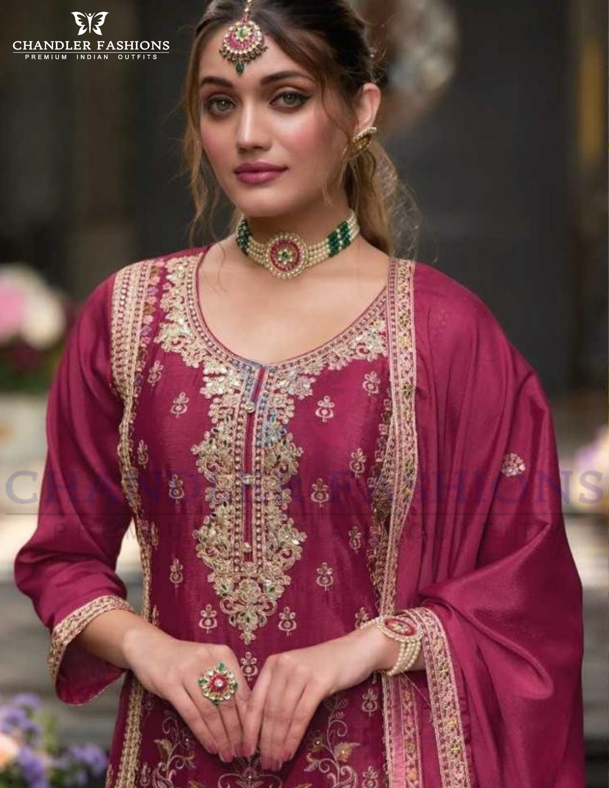 Gorgeous Dark Pink Color Chinon With Embroidery Work Palazzo Suits Near Me
