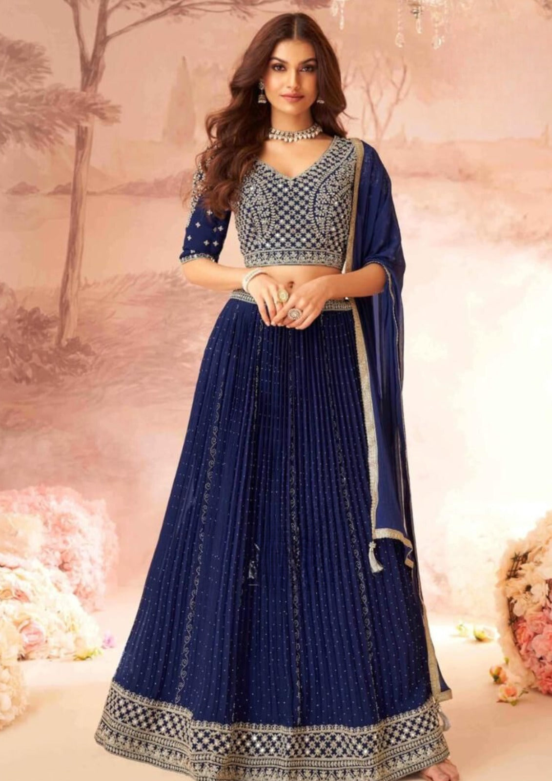 Attractive Ink Blue Color Heavy Embroidered Lehenga Choli With Dupatta Set For Women