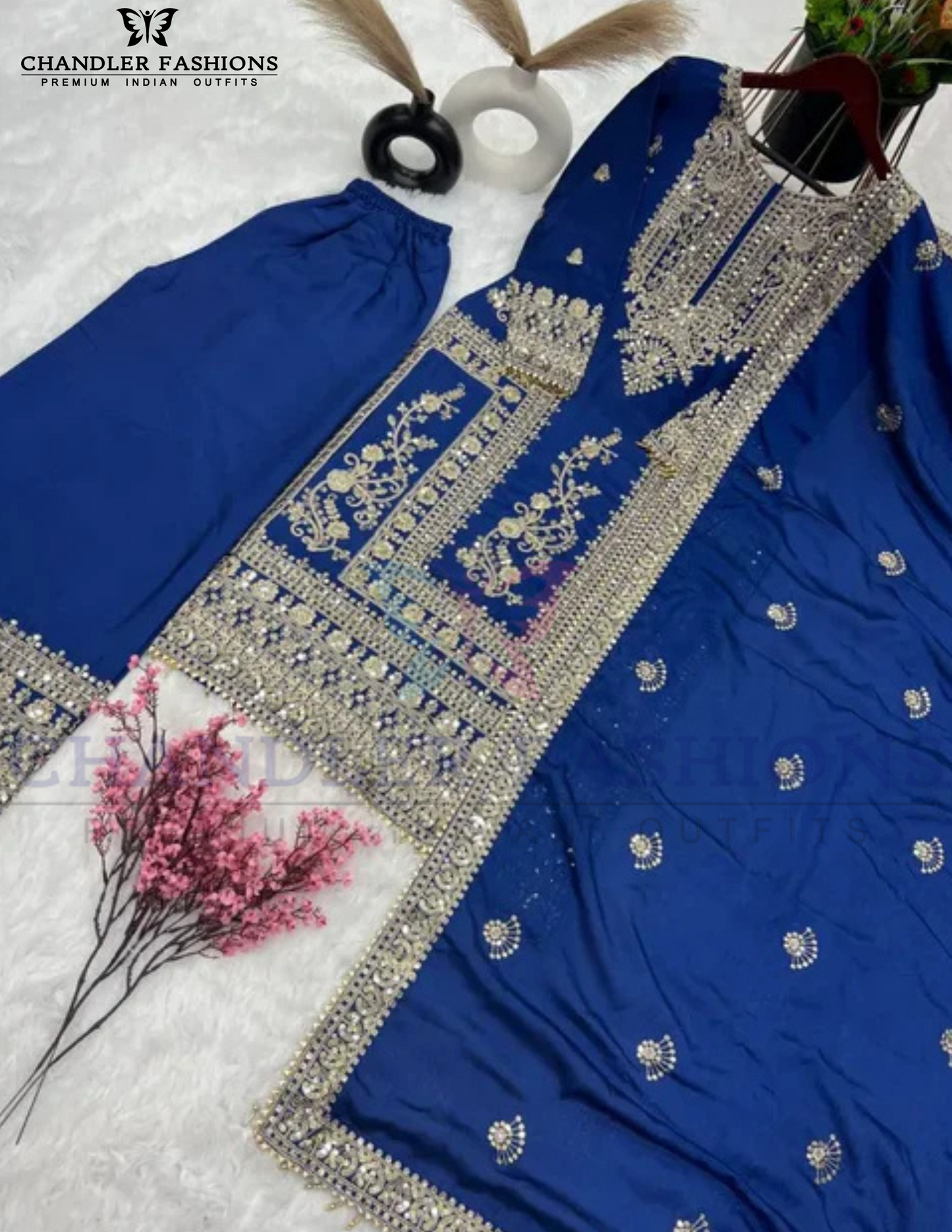 Charming Royal Blue Color Pure Chinon Embroidery And Dori Sequins Work Palazzo Suits In East Valley