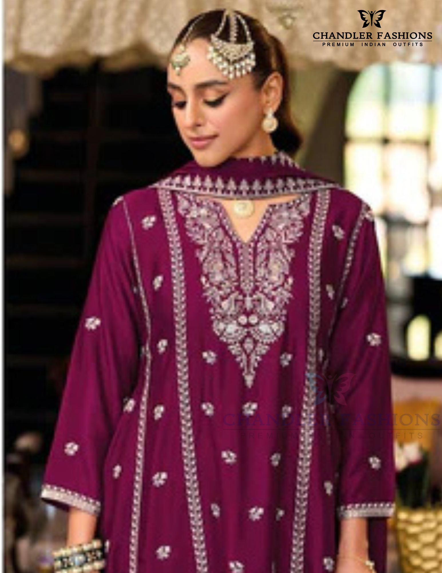 Wine Color Heavy Chinon Salwar Suits With Embroidery Work Near Me