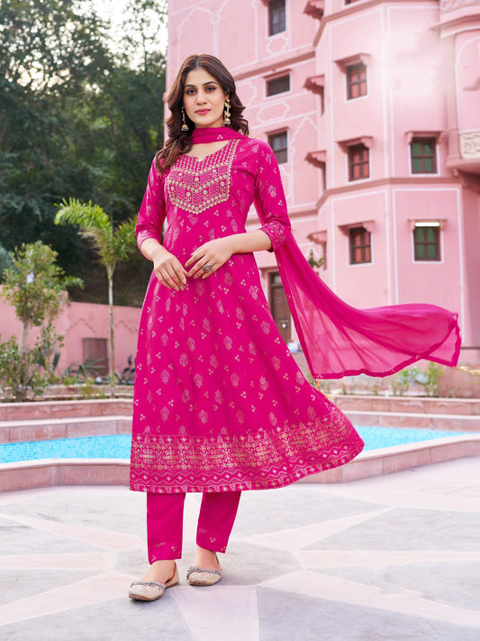 Gorgeous Pink Colored Embroidery Zari And Sequins Work Foil Printed Rayon Salwar Suits For Women