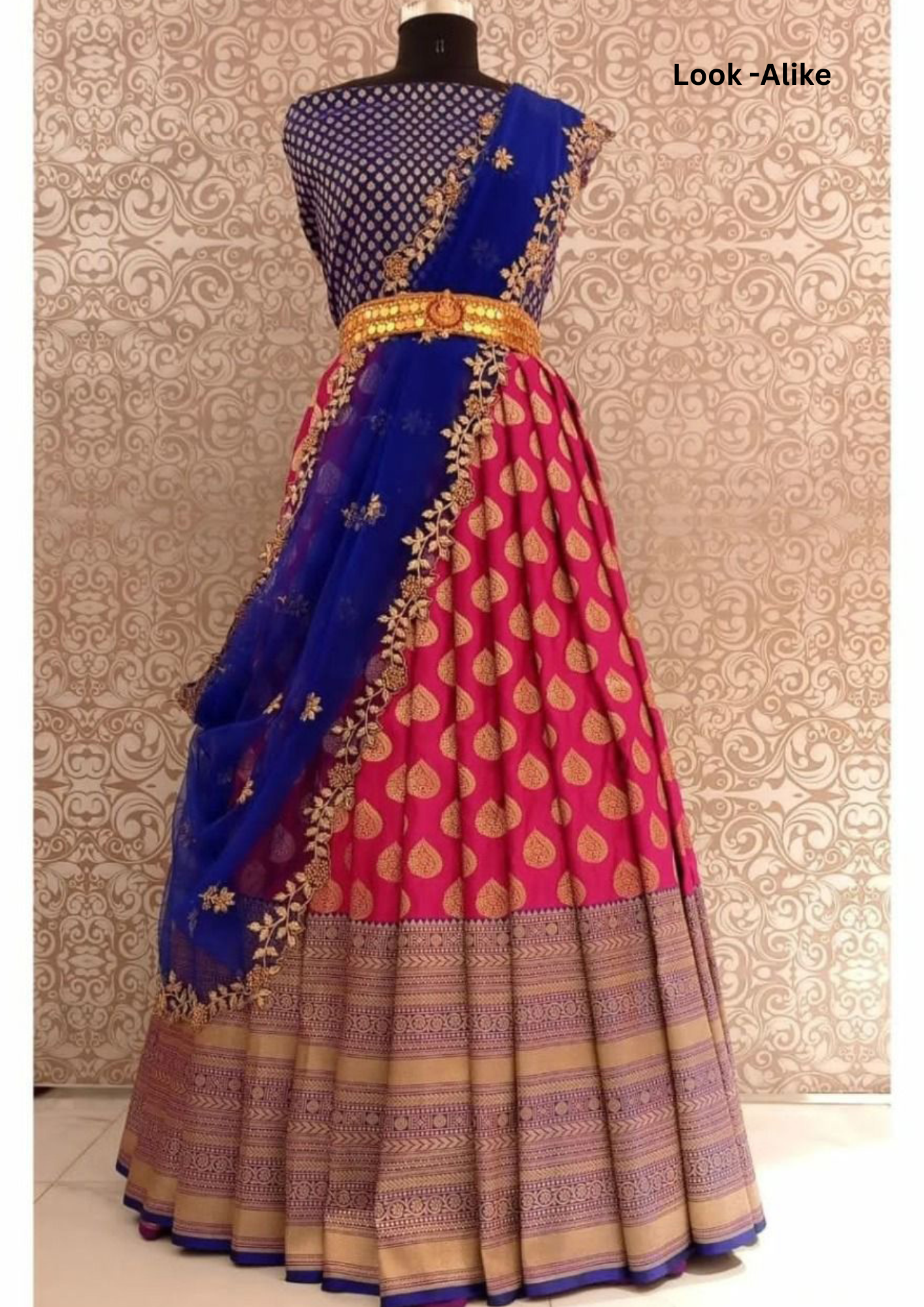 Semi Stitched Beautiful Pink And Blue Pure Silk With Zari Border, Jacquard Blouse And Organza Dupatta