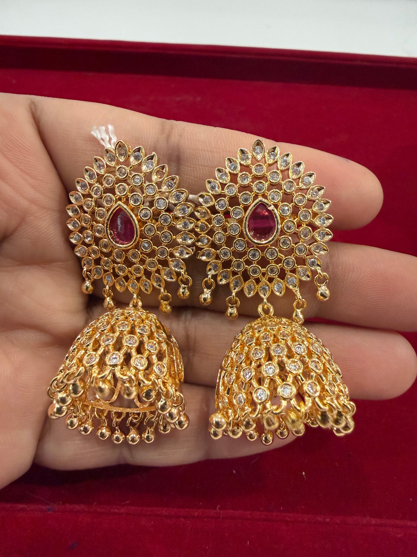 Beautiful Gold Plated Pink and White Stones Jhumkas