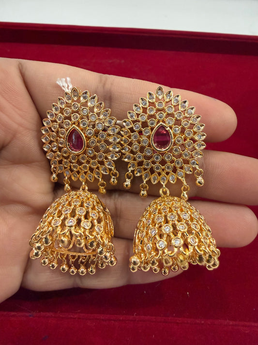 Beautiful Gold Plated Pink and White Stones Jhumkas