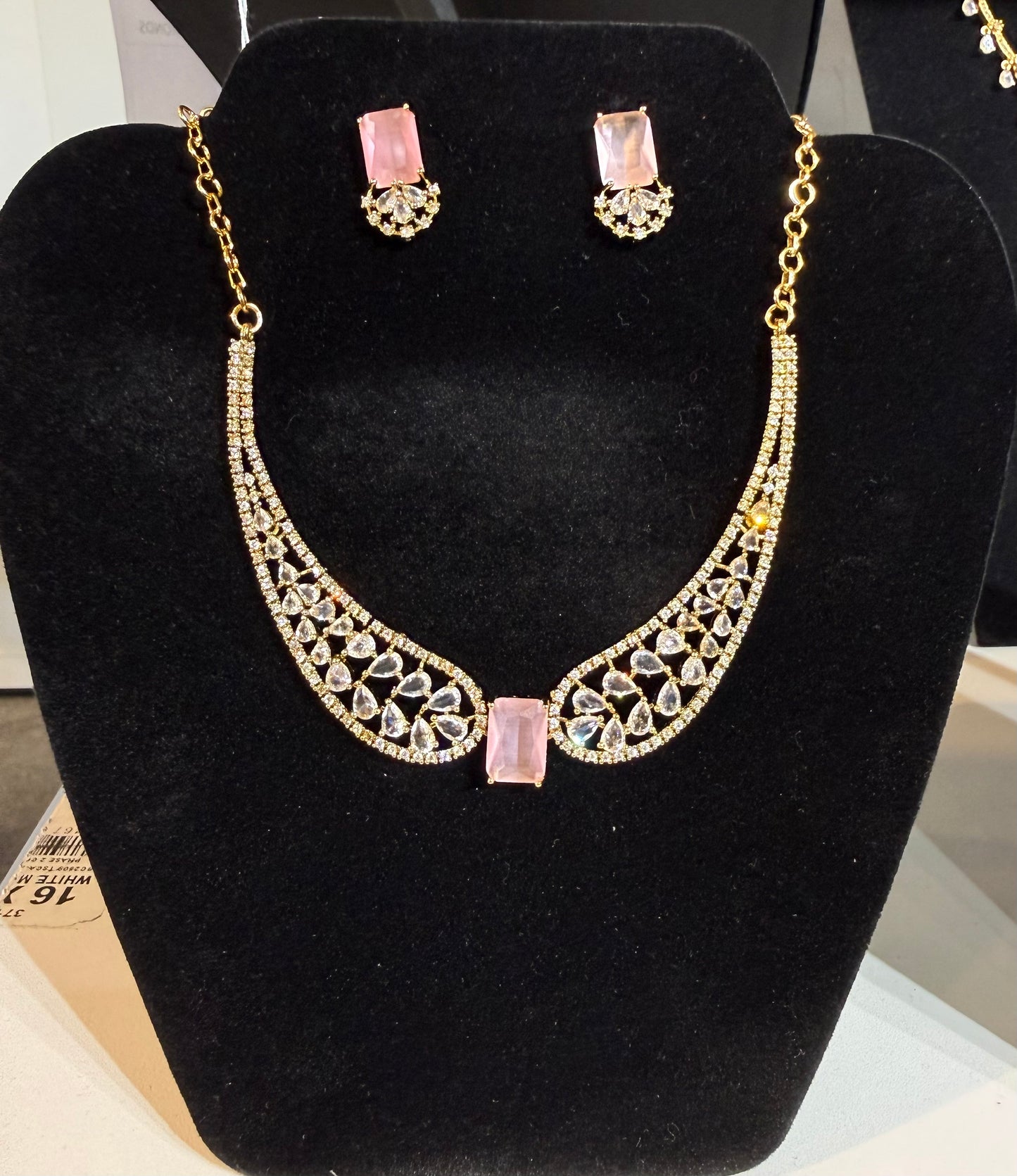 Amazing Gold Plated Pink and White Stone Necklace Set With Earrings For Women