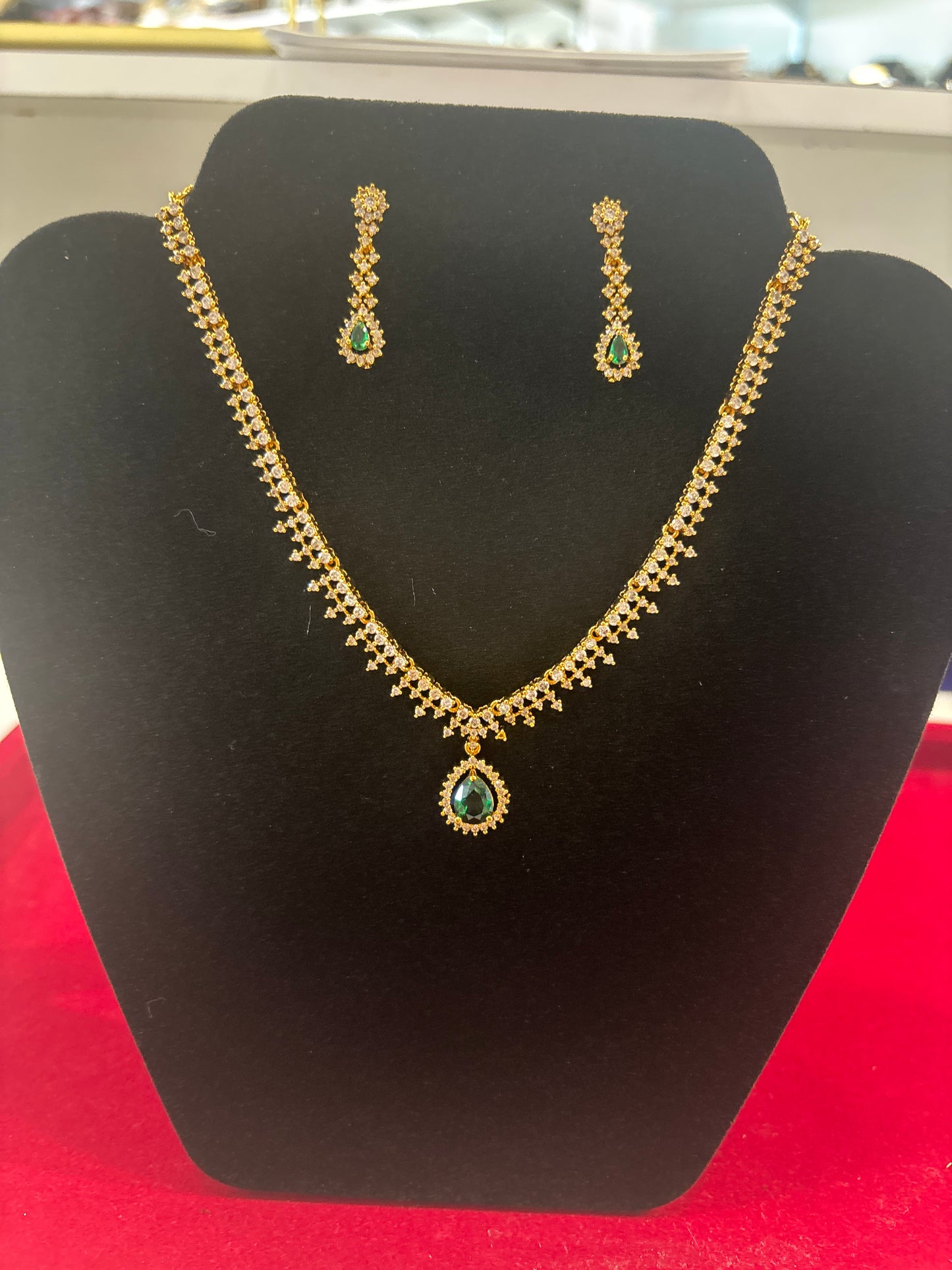 Attractive White And Green Color Stones Gold Plated Necklace Set with Earrings For Women