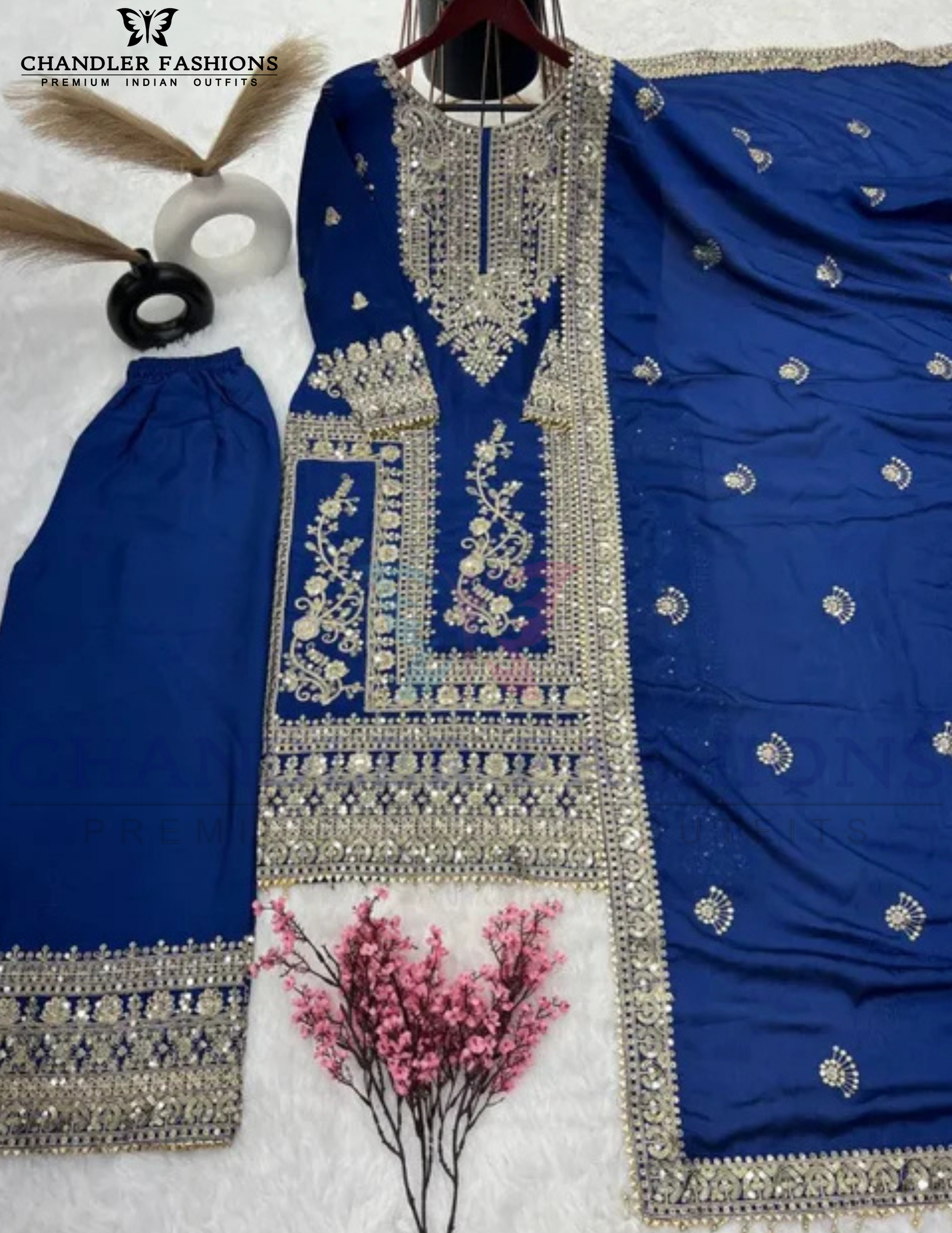 Charming Royal Blue Color Pure Chinon Palazzo Suits In USA