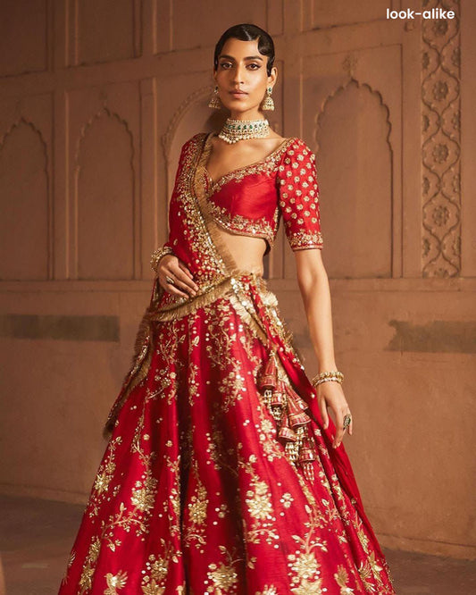 Gorgeous Red Colored Premium Satin Embellished Lehenga Choli With Zari Work