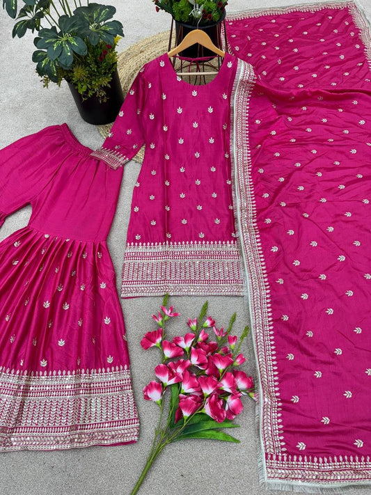 Lovely Pink Colored Pure Chinon With Heavy Embroidery Sequins Work Sharara Suits With Dupatta