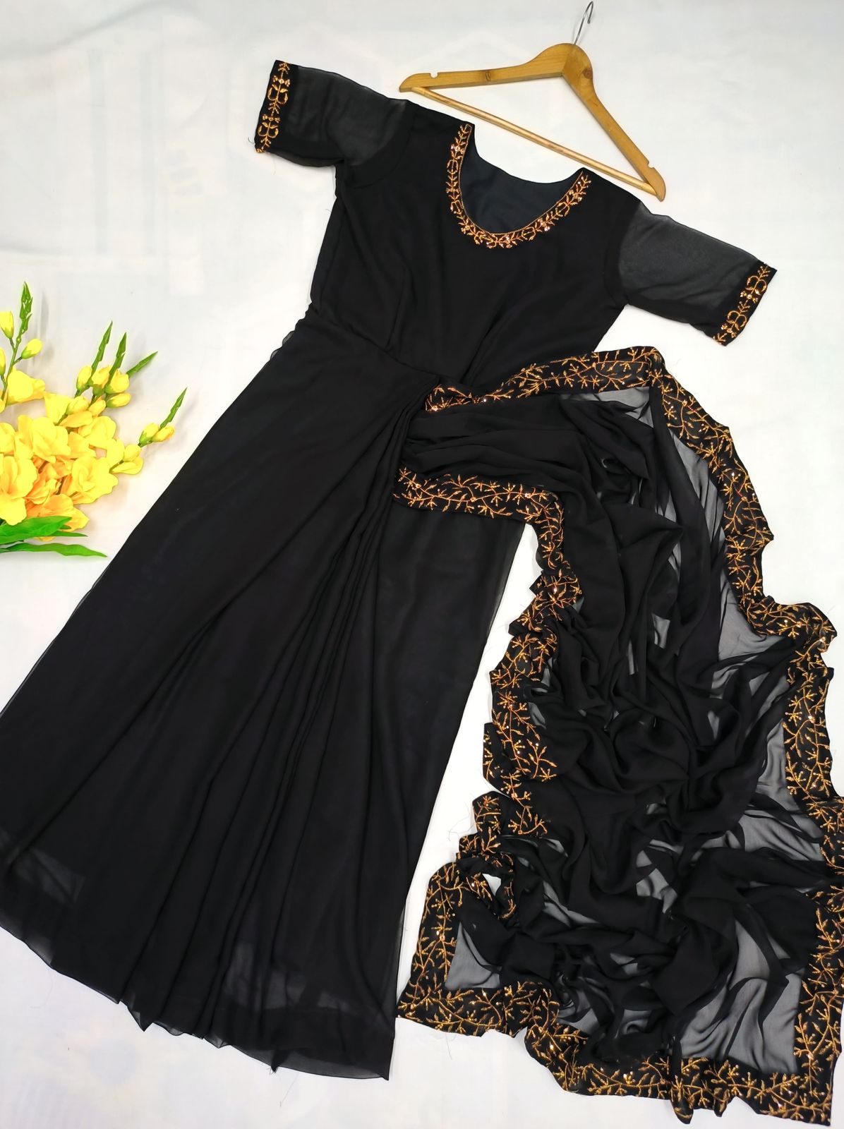 Black Color Georgette Embroidery Gown Saree In Mesa