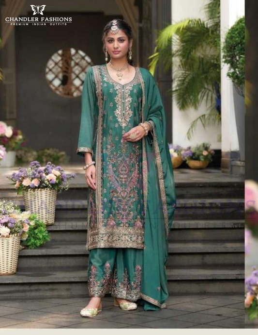 Stunning Teal Green Color Chinon With Embroidery Work Palazzo Suits For Women