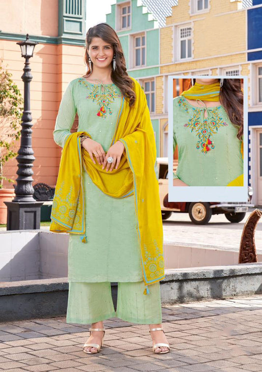 Alluring Light Green Color Designer Kurti Suits With Bottom And Fancy Printed Dupatta