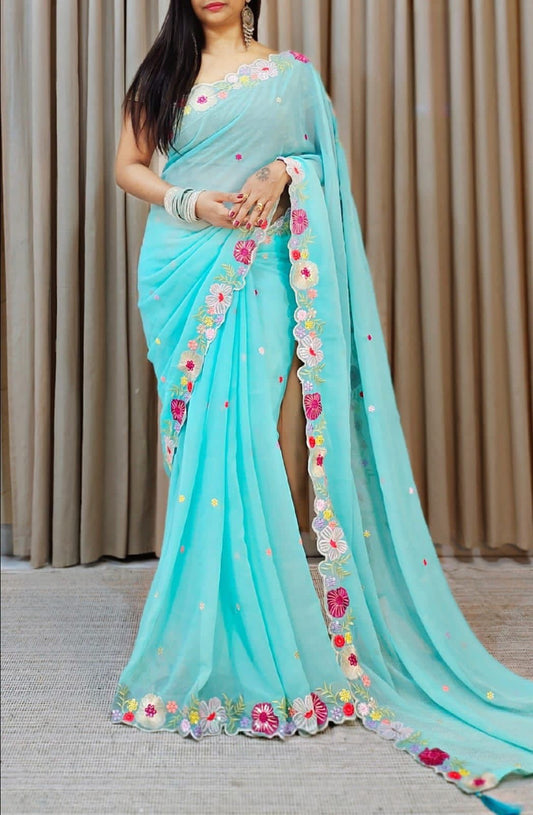 Beautiful Skyblue Colored Faux Georgette Embroidery Work Designer Saree For Women