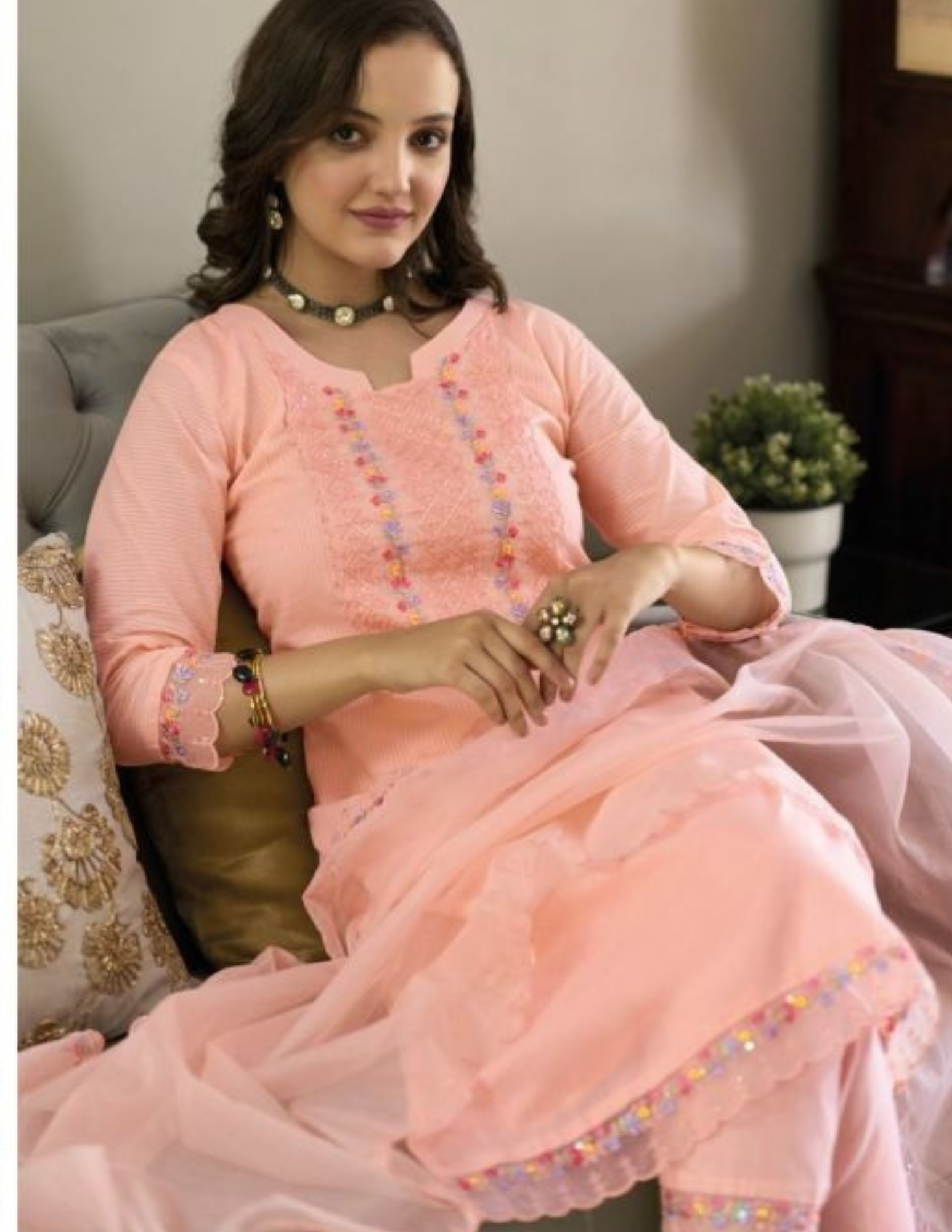Peach Colored Cotton Embroidery Work Kurti & Pant With Dupatta In USA