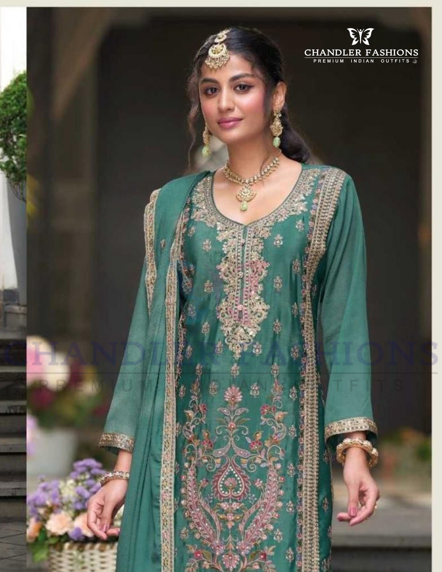 Stunning Teal Green Color Chinon With Embroidery Work Palazzo Suits Near Me