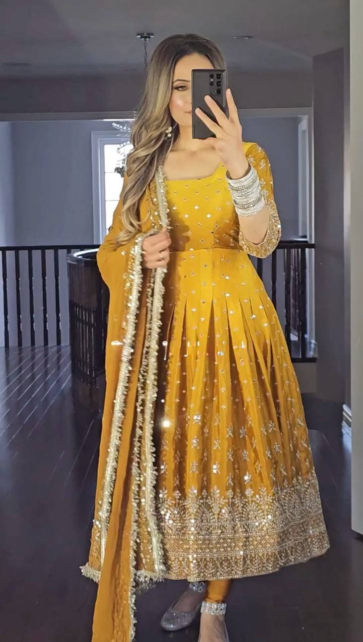 Graceful Golden Yellow Heavy Chinon Silk Kurti Suit With Embroidery Work Near Me