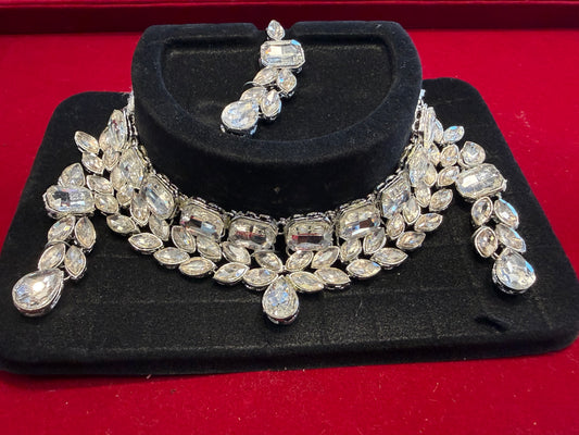 Amazing White Stones American Diamond Choker With Maang Tikka And Earrings