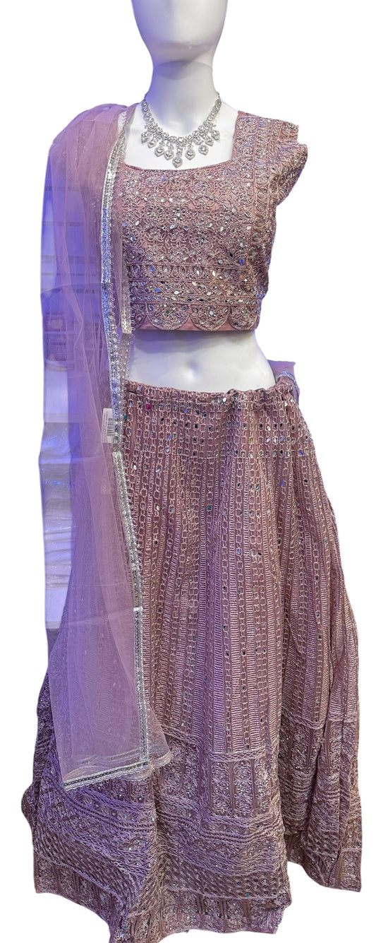 Attractive Light Peach Color Georgette With Embroidery And Mirror Work Lehenga For Women