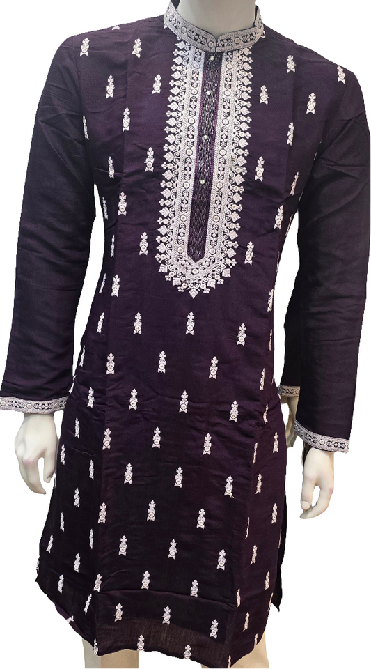 Wonderful Wine Color With Embroidery Work Kurta Suits For Men