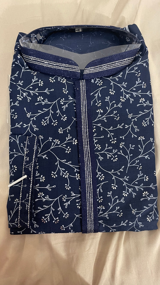 Elegant Dark Blue Cotton Full Sleeve Embroidery Kurta Pajama Set for Men.