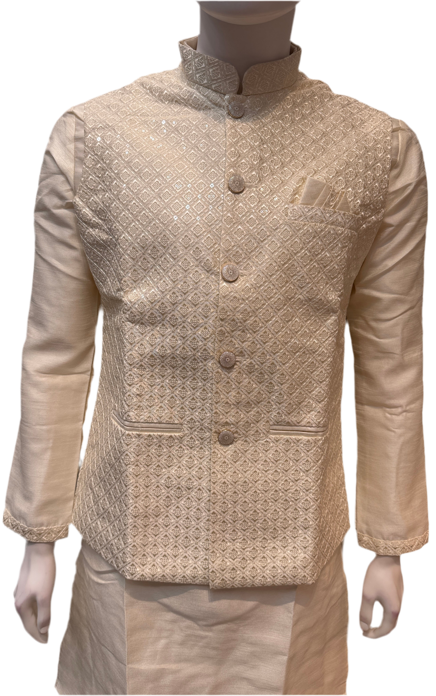 Pretty Cream Color Banglori Silk With Embroidery Work Kurta And Pajama With Koti Jacket For Men