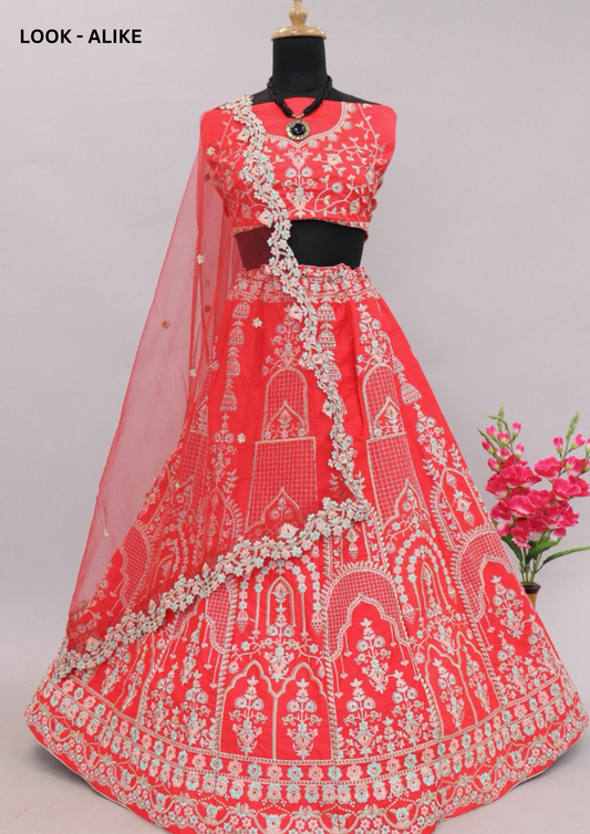 Gorgeous Red Color Satin Bridal Lehenga With Heavy Embroidery Work