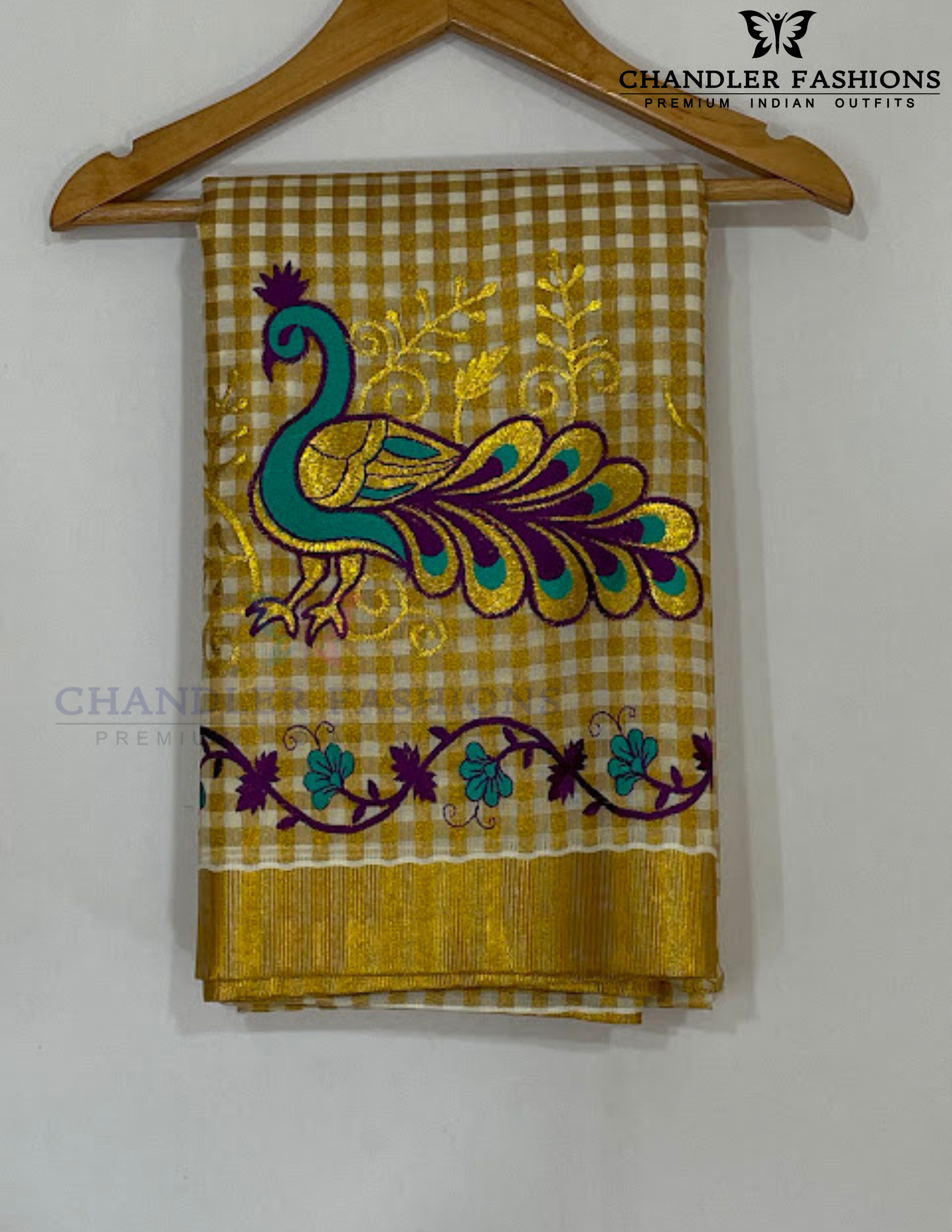 Wonderful Kerala Cotton Peacock Embroidery Saree With Copper Zari Border In USA