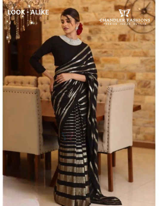 Gorgeous Black Colored Soft Georgette Sequins Embroidery Work With Polo Piping Border Saree