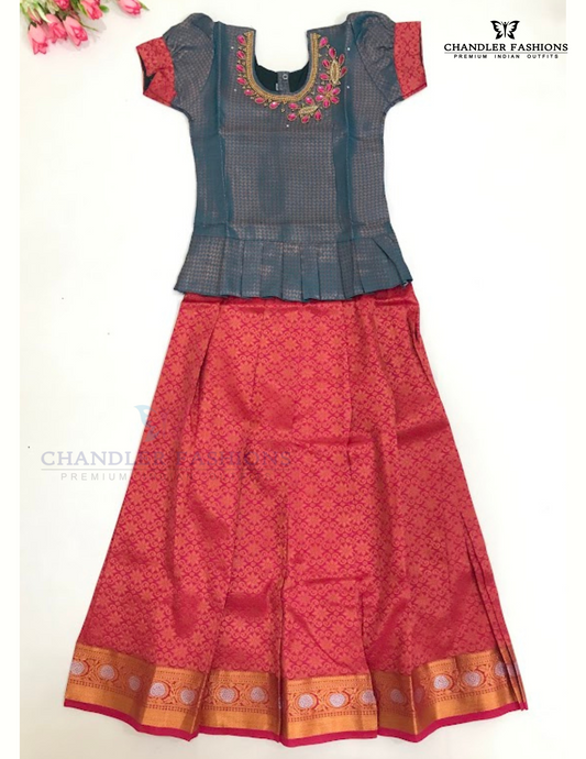 Appealing Green And Pink Color Stone Work With Silk Langa set For Girls
