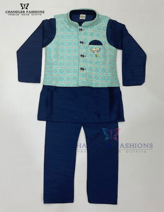 Amazing Blue Color Silk Cotton Kurta With Pajama Pant And Dhoti Style Pant For Boys