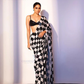 Attractive Black And White Colored Soft Georgette Checked Design Sequins Designer Saree
