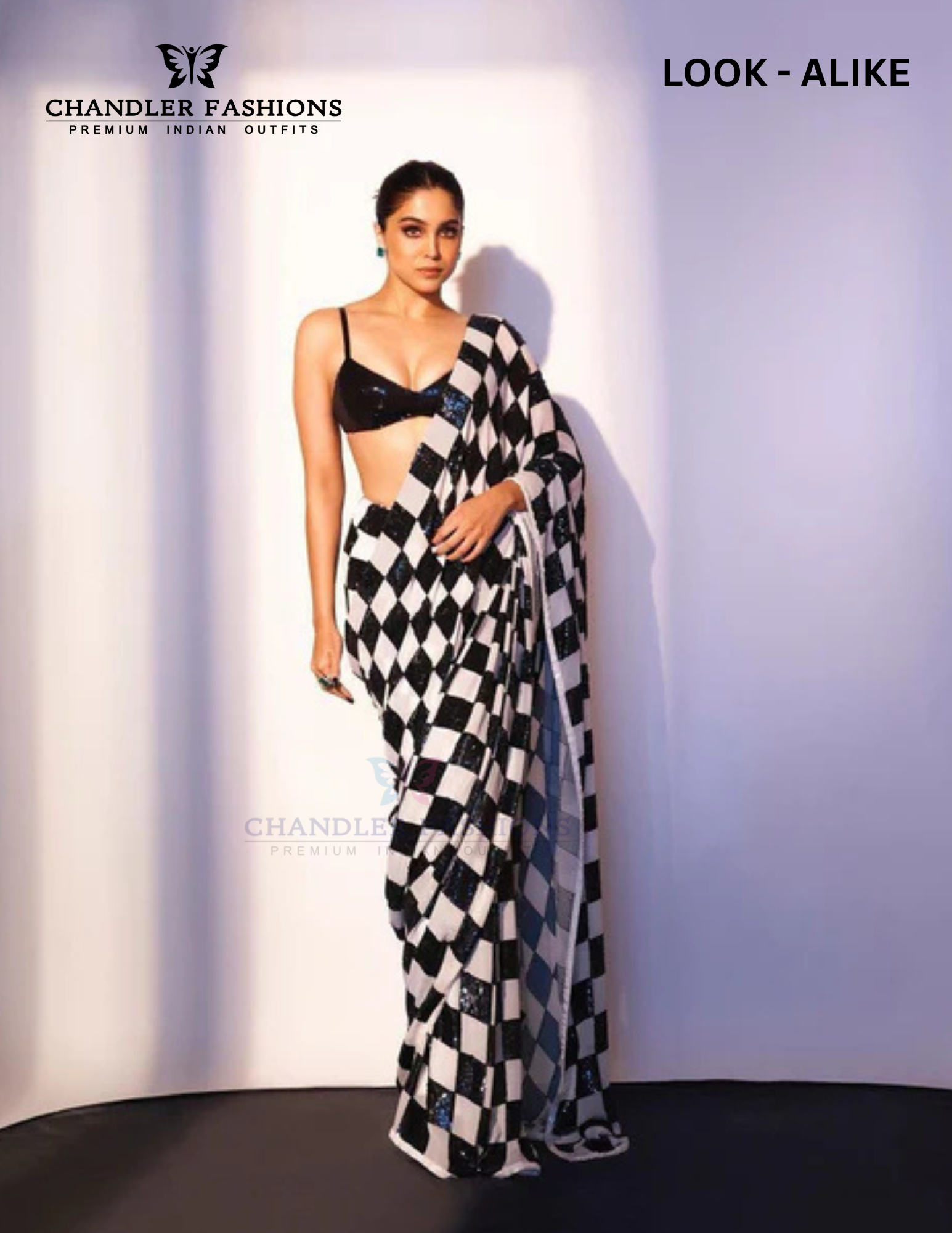 Attractive Black And White Colored Soft Georgette Checked Design Sequins Designer Saree