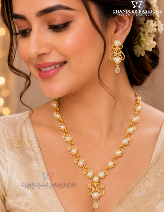 Amazing Gold Plated White Pearl And White Stone Necklace Set With Earrings For Women