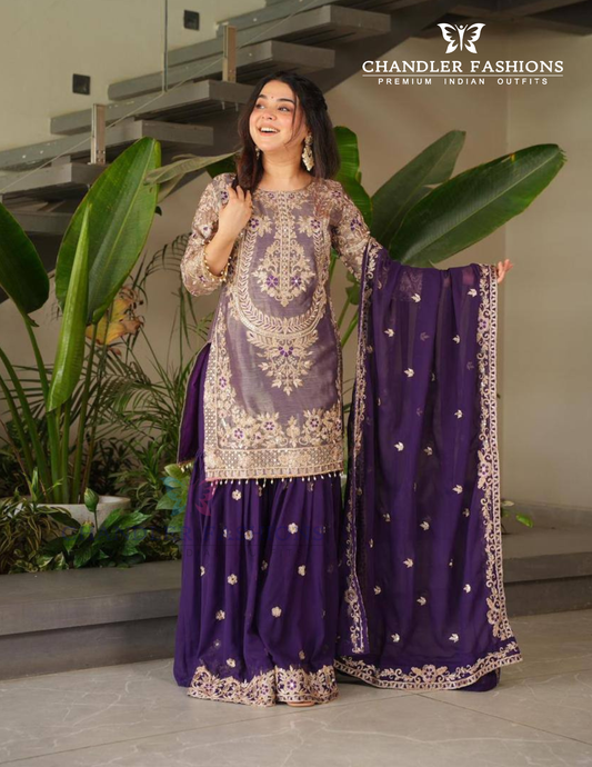 Alluring Purple Color Crazy Silk Heavy Coding Embroidery Sequins Work Palazzo Suits