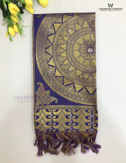 Graceful Violet Color Silk Shawl With Golden Zari Work (Ponnadai) For Guest