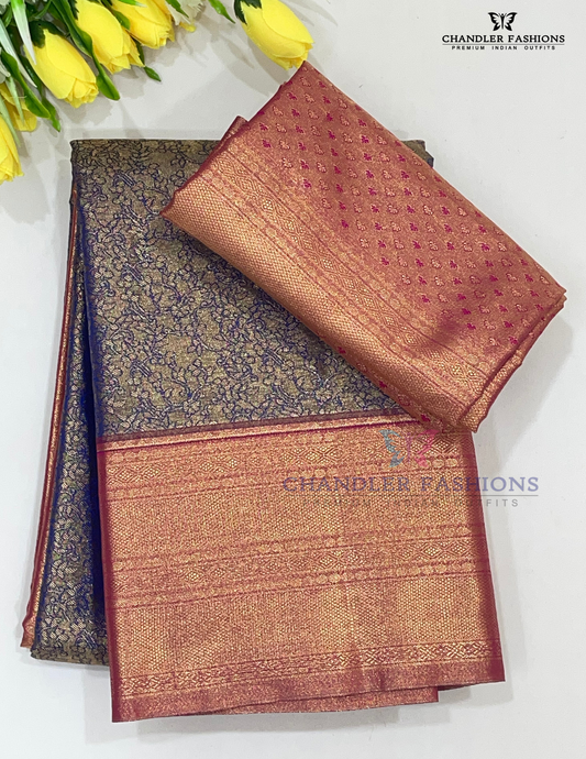 Appealing Blue Color Pure Kanchi Silk With Pink Color Pallu And Border Design And Gold Zari Work Saree For Women - SILKMARK CERTIFIED