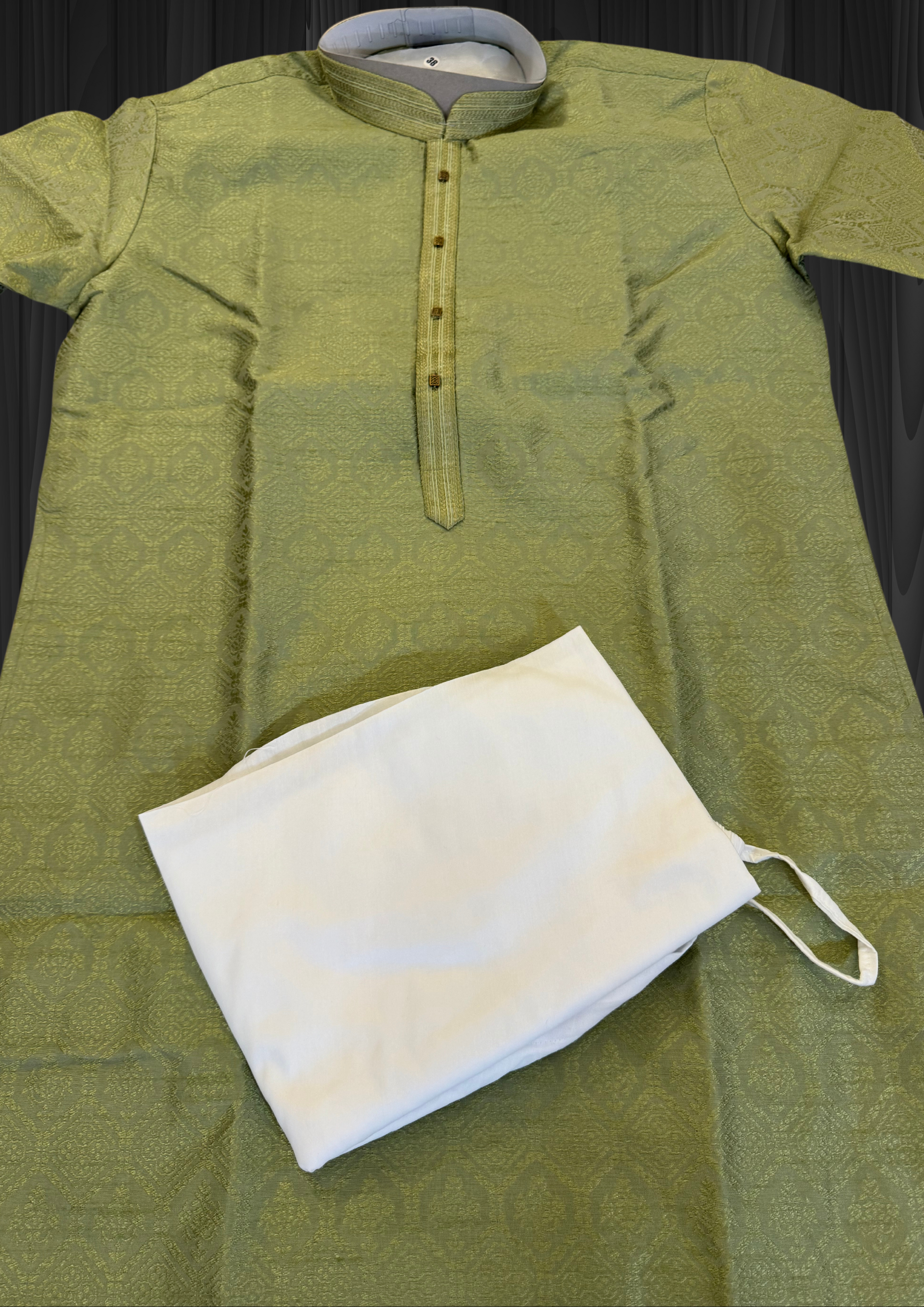 Alluring Pastel Green Color Art Silk Embroided Neck Kurta With Pajama Pant For Men In Mesa